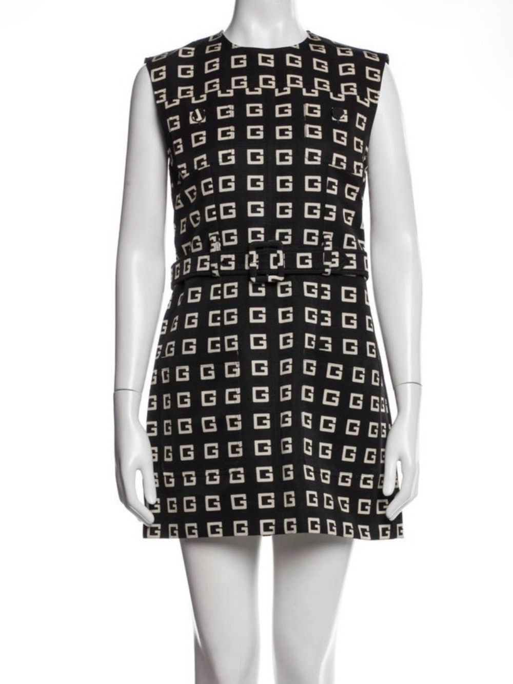 Gucci Black and White 'G' Logo Sleeveless Mini Dress with Belt